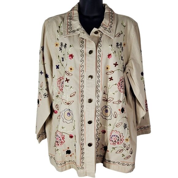 Denim & Co. Womens Beige Embroidered Button Shirt Jacket 1X Floral Long Sleeve - Picture 1 of 13